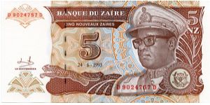 5 Nouveau Zaiers
Brown/Blue
Sig 9
Leopard & President Mobutu
Domed building
Security thread
Watermark Mobutu Banknote