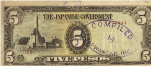 PI-110 Philippine 5 Pesos replacement note under Japan rule, plate number 28. Banknote