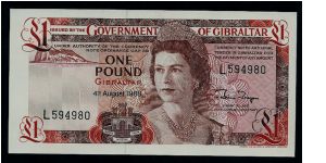 Government of Gibralter One Pound UNC dated 4th August 1988. # L594980. P-20d. Banknote