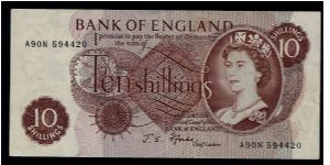 Bank of England 10 Shillings (circa 1967-1970) # A90N 594420, signed J. Fforde (Chief Cashier). Series C. The Series C 10/- was first issued on the 12th October 1961, was last issued on the 13th October 1969, and ceased being legal tender on the 22nd November 1970. Banknote