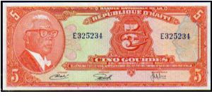 5 Gourdes__
Pk 212__

L.21-05-1935 &
L.15-05-1953__
D 22-11-1973__
Issue 1979
 Banknote