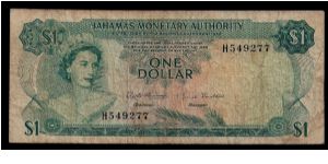 Bahamas Monetary Authority One Dollar, 1968 P-27.  # H549277. Low grade quality. Banknote
