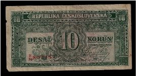 Republika Ceskoslovenska (Republic of Czechoslovakia) 10 Korun note of 1945 (P-60a). # S/M 807357. In circulated condition; one small tear on the left side, a slight vertical center fold, some spots. Three perforations down the left side of the note. Printed by Thomas de la Rue/London. 103mm x 53mm. Rare note sold to a British collector. Banknote