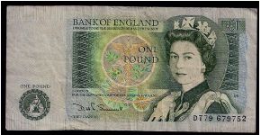 Bank of England 1 Pound # DT79 679752. Date first issued: 20 March 1981 Date last issued: 31 December 1984 Date ceased to be legal tender: 11 March 1988
Colour: Predominantly green.
Size: 5 5/16 x 2 5/8 (135mm x 67mm)
Design: Harry Eccleston. Revised version issued with design and dimensions (as Series D) but general appearance enhanced by inclusion of additional background colours. From 1983 this denomination was gradually replaced by the £1 coin. Banknote