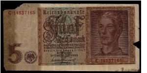 Germany Reichsbank 5 (funf) Mark, dated Berlin 1st August 1942. # C 14837165. The eagle with swastika emblem is on the left hand side of the note next to the numeral '5'. Low grade condition but highly collectable. Banknote