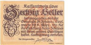 Notgeld (St. Johann & Tirol); 60 heller; March 31, 1921 Banknote