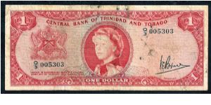 Central Bank of Trinidad and Tobago 1 dollar 1964. P-26c. # Q/3 005303. Very poor/worn condition with dark/black smudge-marks down the centre... otherwise good. Banknote
