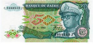 30.6.1988 
50 Zaires
Green/Orange
President Mobutu & Leopard
Men Fishing
Printer HdMZ
Security thread
Watermark Mobutu Banknote