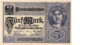 Germany, 5 Marks 1917 Front: Portrait of a German woman; Back: Coat of arms; Watermark: ornamental repeated pattern. Banknote