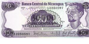 Nicaragua, 50.000 Cordobas 1987 over 50 Cordobas (1984) banknote Banknote