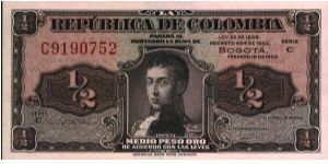 Colombia, medio peso (helf peso) 1953. Banknote