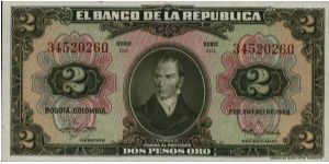 Colombia, 2 pesos January 01 1955. American Bank Note Company Banknote