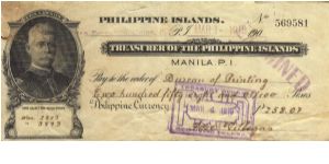 Super RARE Governor Lawton, Treasurer of the Philippines check. Banknote