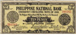 S217b Rare Cebu 10 Pesos note redemed by San Isidoro, Leyte. Banknote