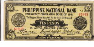 S217a Rare Cebu 10 Pesos note redeamed by Villaba, Leyte. Banknote
