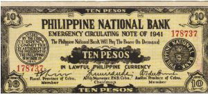 S217b Rare Cebu 10 Pesos note redeamed by Albuera, Leyte. Banknote