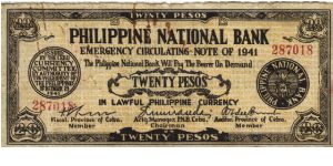 S218a Rare Cebu 20 Pesos note, redeamed by Tacloban, Leyte. Banknote