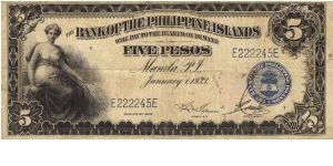 PI-22 Bank of the Philippine Islands 5 Pesos note. Banknote
