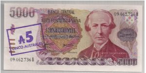 Argentina 5 Australes on 5000 Pesos 1985 P321. Banknote