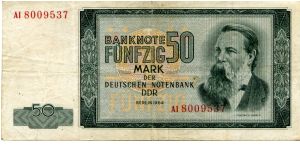 DDR 
DEUTSCHE NOTENBANK
50 Marks
Olive/Yellow
Fredrich Engles
National emblem, Combine harvesters Wheat threshing
Wtmk F Engles Banknote