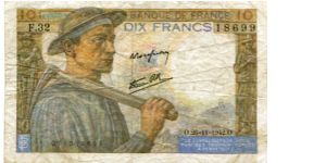 10 Francs
Miners
Multi
Farmers wife with child
Wtmk Helmeted head Banknote