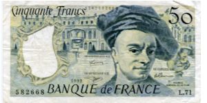 50 Francs
Blue/Yellow/Gray
Quentin de La Tour (Artist) and Palace of Versailles
Q de La Tour St.Quentin City
Hall in background
Security thread
Wtmk La Tour Banknote