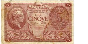 5 Lira
Red/Brown
Helmeted Italia 
Signatures Bolaffi, Cavallaro & Giovinco
Value in wreath Banknote