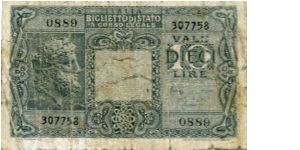 10 lire 
Blue
Head of Jupiter 
Sigs Bolaffi, Cavallaro & Giovinco
2 allegorical men Banknote