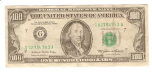 100 Dollars.

Portrait Benjamin Franklin at center on face; Independence Hall on back.

Pick #479 Banknote