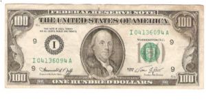 100 Dollars.

Portrait Benjamin Franklin at center on face; Independence Hall on back.

Pick #460 Banknote