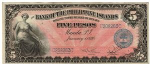 1920 5 Pesos XF/AU+ (BANK OF THE PHILIPPINE ISLANDS)
SN:C208263C Banknote