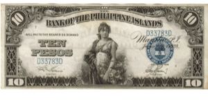 1928 10 Pesos XF/AU+ (BANK OF THE PHILIPPINE ISLANDS)
SN:D33783D Banknote
