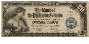 1928 20 Pesos VF (BANK OF THE PHILIPPINE ISLANDS)
SN:D18219D (Interesting SN) Banknote