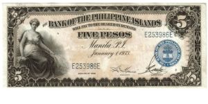 1933 5 Pesos UNC (BANK OF THE PHILIPPINE ISLANDS)
SN:E253986E Banknote