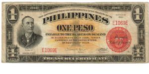 1941 1 Pesos VF (P- Treasury Certificate)
SN:E1069E (Low SN) Banknote