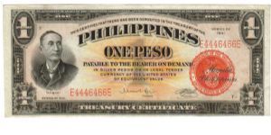 1941 1 Pesos UNC (P- Treasury Certificate)
SN:D4446466D(Binary) Banknote