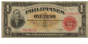 1941 1 Pesos VF(P- Treasury Certificate)
SN:E6028677E(Processed to simulate used currency) Banknote