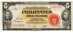 1941 5 Pesos AU (P- Treasury Certificate)
SN:E1347909E Banknote