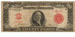 1937 20 Pesos apt.F (PNB- Circulating Note)
SN:E46687E Banknote