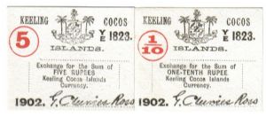 1902 1/10 Rupees & 5 Rupees UNC (Keeling Cocos) Banknote