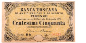 Kingdom of Italy - 50 Centesimi - Banca Toscana Banknote