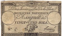 Assignat 25 Sols - 4 January 1792 Banknote