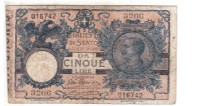 Kingdom of Italy - 5 Lire (Dall'Ara/Righetti) Serie n. 3266 Banknote