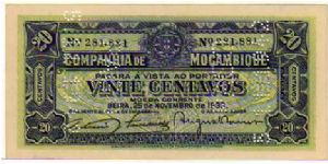 20 Centavos__

pk# R 29__

Regional Issues

Companhia de Mocambique__

Banco de Beira 
29-November-1933__

Perfored
*Pago
05-November-1942*
 Banknote