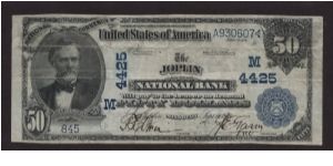 Series 1902 date back $50 National issued by the Joplin National Bank of Joplin, MO.  A nice note, the only distraction is a bit of tape residue on the back from an old mounting. Banknote