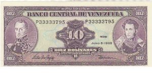 10 Bolivars Difficult Serial # Banknote