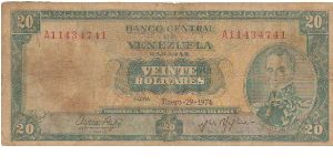 20 Bolivares
Jan-29-1974
Serial:A11434741 Banknote