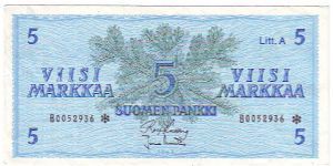 5 markkaa Litt.A 

The replacement of banknotes (asterisk)

This note is made of 1976 Banknote