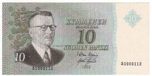10 Markkaa Serie A

Rare (a small number)

Banknote size 142 X 69mm (inch 5,59 X 2,72)

This note is made of 1962 Banknote
