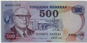 500 markkaa Serie A

Rare

The replacement of banknotes (asterisk)

Banknote size 141 X 69mm (inch 5,55 X 2,72)

This money has been made of 36,000 pieces Banknote